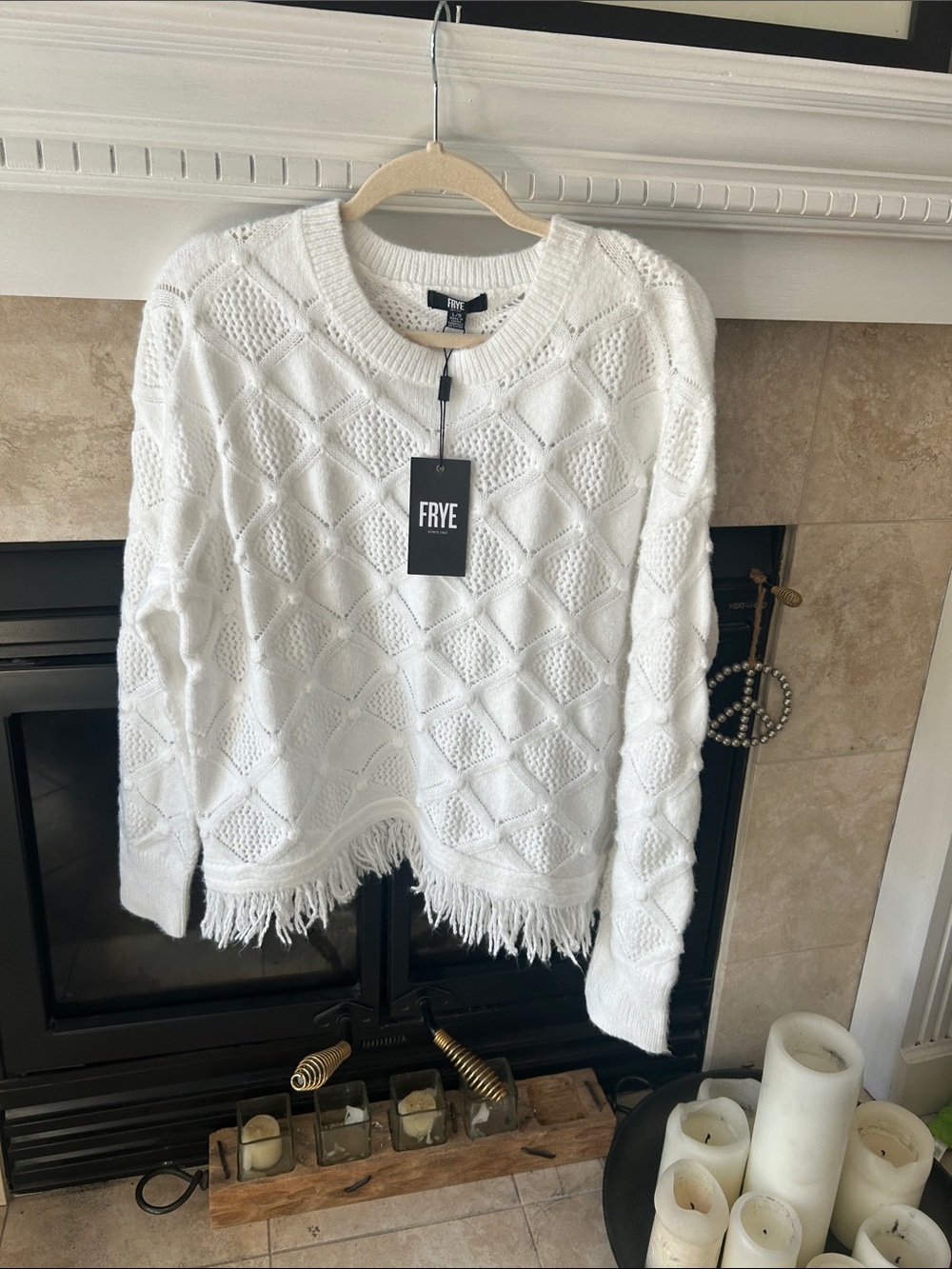 Frye White Knit Fringe-Hem Crewneck Sweater